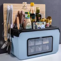 调料盒厨房用品套装多功能盐罐收纳盒置物架佐料调味瓶家用组合 防尘款蓝色(可放手机)[送挂钩架+菜板架+6个调料勺][预售