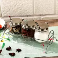 按压式玻璃油壶防漏控油家用调味瓶酱油瓶大号厨房用品调料瓶 [标贴]3支带勺调料罐+不锈钢支架