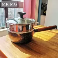 (买一送二)麦饭石雪平锅宝宝辅食小奶锅家用烘焙精灵不粘锅油炸锅电磁炉 有滚花有盖18cm+有耳蒸笼