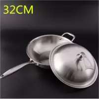 不锈钢炒锅无涂层不粘锅炒菜锅燃气烘焙精灵电磁炉锅具 32cm附耳(不锈钢立盖)送铲