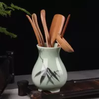 茶具六君子功夫茶具零配件烘焙精灵陶瓷茶筒白瓷茶道茶夹茶勺茶盘摆件套装 青瓷手绘-墨竹[六君子]