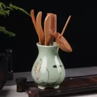 茶具六君子功夫茶具零配件烘焙精灵陶瓷茶筒白瓷茶道茶夹茶勺茶盘摆件套装 青瓷手绘-荷花[六君子]