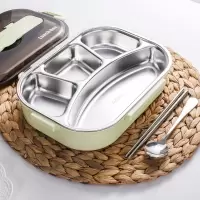 不锈钢饭盒便当盒烘焙精灵上班族饭盒成人学生餐盒套装分隔型大容量盒 大4格抹茶绿+勺筷1300ML