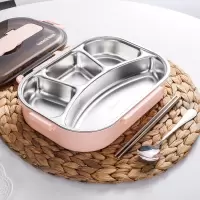 不锈钢饭盒便当盒烘焙精灵上班族饭盒成人学生餐盒套装分隔型大容量盒 大4格蜜桃粉+勺筷1300ML