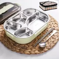 不锈钢饭盒便当盒烘焙精灵上班族饭盒成人学生餐盒套装分隔型大容量盒 大5格抹茶绿+勺筷+保温袋1300ML