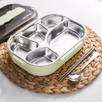 不锈钢饭盒便当盒烘焙精灵上班族饭盒成人学生餐盒套装分隔型大容量盒 大5格抹茶绿+勺筷1300ML