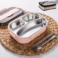 不锈钢饭盒便当盒烘焙精灵上班族饭盒成人学生餐盒套装分隔型大容量盒 小3格蜜桃粉+勺筷+保温袋1000ML