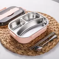 不锈钢饭盒便当盒烘焙精灵上班族饭盒成人学生餐盒套装分隔型大容量盒 小3格蜜桃粉+勺筷1000ML