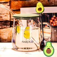 玻璃水杯简约女清新办公室森系烘焙精灵学生女生网红茶花男吸管创意牛油果 牛油果(盖+专属勺+玻璃管)C