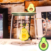 玻璃水杯简约女清新办公室森系烘焙精灵学生女生网红茶花男吸管创意牛油果 牛油果(盖+专属勺)B
