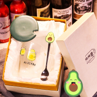 玻璃水杯简约女清新办公室森系烘焙精灵学生女生网红茶花男吸管创意牛油果 礼盒装~牛油果(盖、勺、管)C