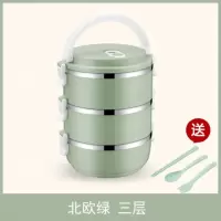 圆形保温饭盒烘焙精灵成人手提粥多功能盒子多层打饭菜盒汤杯大容量保鲜碗 三层北欧绿+餐具
