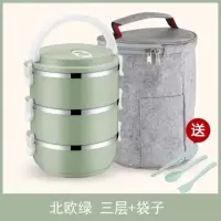 圆形保温饭盒烘焙精灵成人手提粥多功能盒子多层打饭菜盒汤杯大容量保鲜碗 三层北欧绿+餐具+保温袋