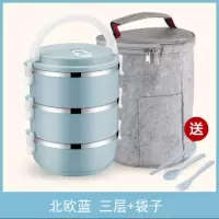 圆形保温饭盒烘焙精灵成人手提粥多功能盒子多层打饭菜盒汤杯大容量保鲜碗 三层北欧蓝+餐具+保温袋
