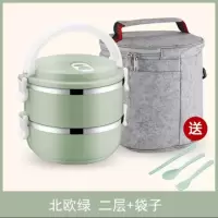 圆形保温饭盒烘焙精灵成人手提粥多功能盒子多层打饭菜盒汤杯大容量保鲜碗 二层北欧绿+餐具+保温袋
