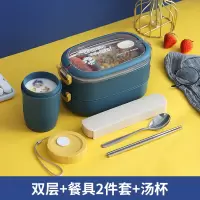 不锈钢加热饭盒上班族烘焙精灵注水多层保温饭盒便携微波炉学生分隔型 深蓝色2层+勺筷盒+汤杯蓝