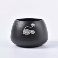 黑陶禅风茶洗陶瓷茶渣缸家用烘焙精灵水果盘复古意建水茶渣桶大号洗杯 黑陶茶缸(锡荷)