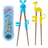 。儿童筷子训练筷便携小孩子学习用筷套装拿抓快子木质男孩儿童餐 蓝兔+黄长颈鹿+收纳盒