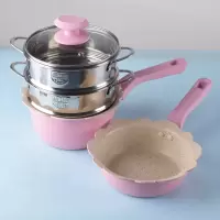 不沾奶锅烘焙精灵辅食锅婴儿煎煮一体婴幼儿小孩宝宝专用锅可爱小奶锅陶瓷 16cm粉色套装+2层蒸笼