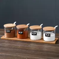 厨房玻璃调料盒套装北欧烘焙精灵陶瓷调味罐佐料收纳盒瓶盐糖味精罐子家用 玻璃直身四件套