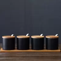 厨房玻璃调料盒套装北欧烘焙精灵陶瓷调味罐佐料收纳盒瓶盐糖味精罐子家用 黑色哑光四件套
