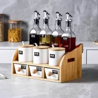 北欧轻奢调料盒组合套装家用烘焙精灵玻璃酱油瓶壶调味罐子收纳盒厨房用品 白色直身款十件套++竹架