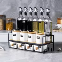 北欧轻奢调料盒组合套装家用烘焙精灵玻璃酱油瓶壶调味罐子收纳盒厨房用品 白色直身款十四件套++铁艺架
