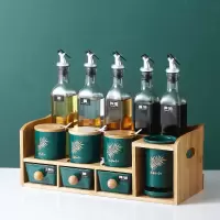 北欧轻奢调料盒组合套装家用烘焙精灵玻璃酱油瓶壶调味罐子收纳盒厨房用品 绿金叶款十二件套++竹架