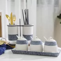 日式陶瓷调味瓶盐罐厨房用品烘焙精灵家用佐料瓶罐收纳盒调料盒套装 大理石蓝款6件套浅蓝色