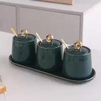 轻奢北欧陶瓷调味罐家用烘焙精灵防潮调味料用品糖味精盐罐厨房调料罐子 三件套圆形调味罐(绿色)