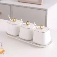 轻奢北欧陶瓷调味罐家用烘焙精灵防潮调味料用品糖味精盐罐厨房调料罐子 三件套方形调味罐(白色)