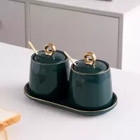 轻奢北欧陶瓷调味罐家用烘焙精灵防潮调味料用品糖味精盐罐厨房调料罐子 两件套方形调味罐(绿色)