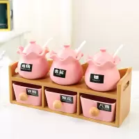 陶瓷家用调料盒厨房调味罐子烘焙精灵油盐味精佐料调味料瓶套装双层收纳盒 粉色皇冠六件套送勺子标签漏斗