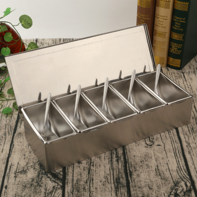 钢不锈钢调味盒酒店烘焙精灵方形调料盒带盖储物盒家用调料罐佐料盒 5格+5勺子加厚