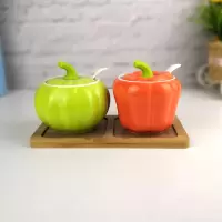 创意陶瓷调味罐套装盐糖罐烘焙精灵味精调料盒组合装辣椒油罐厨房调料罐子 南瓜+青椒含托