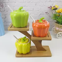 创意陶瓷调味罐套装盐糖罐烘焙精灵味精调料盒组合装辣椒油罐厨房调料罐子 青椒+树丫架