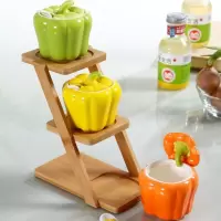 创意陶瓷调味罐套装盐糖罐烘焙精灵味精调料盒组合装辣椒油罐厨房调料罐子 青椒+梯架