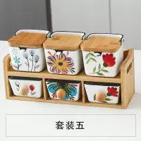 日式手绘调料大全组合套装厨房烘焙精灵家用陶瓷盐味精调料盒酱醋壶油瓶罐 混色花朵翻盖[六件套]