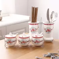 调料盒厨房陶瓷调料罐子烘焙精灵盐糖辣椒油调味罐双筷子筒组合套装筷子篓 田园花环鼓型+田园花环双筒筷子筒(套装)
