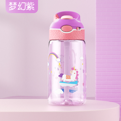 夏季儿童水杯带吸管直饮杯子烘焙精灵女宝宝幼儿园小学生便携水壶夏天 -紫色小马(单杯)
