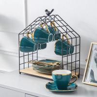 欧式小咖啡杯碟套装家用烘焙精灵陶瓷下午茶茶具套装轻奢小精致咖啡杯 鸟笼咖啡杯碟套装-墨绿