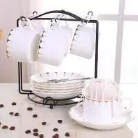 欧式陶瓷杯 简约烘焙精灵咖啡杯6件套家用小咖啡杯碟勺 金流苏(6杯6碟6勺1杯架)