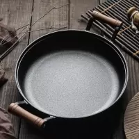 铸铁平底锅双耳木柄煎锅家用烘焙精灵无涂层不粘锅老式加厚多用生铁烙饼锅 木把30cm平底煎锅单锅送[木铲+隔热垫]