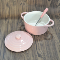 双皮奶碗带盖汤盅双耳汤碗烘焙精灵陶瓷烤碗布丁宝宝蒸蛋碗甜品碗 12CM粉色正品带勺容量约430