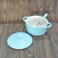 双皮奶碗带盖汤盅双耳汤碗烘焙精灵陶瓷烤碗布丁宝宝蒸蛋碗甜品碗 12CM直径有勺天蓝色430ML三蛋麦片粥合