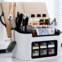 厨房调料盒置物架调味用品家用烘焙精灵大全台面厨具油盐酱醋灶台放置收纳 升级款白色6格(挂钩架+菜板架)