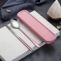 筷子勺子套装学生叉子烘焙精灵单人便携式带收纳一人食上班族盒餐具三件套 粉银两件套[赠收纳盒]