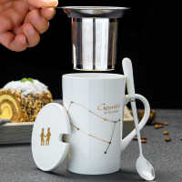 陶瓷杯子创意喝水杯家用烘焙精灵马克杯带盖勺男女个性潮流咖啡杯茶杯定制 双子座-白