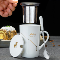 陶瓷杯子创意喝水杯家用烘焙精灵马克杯带盖勺男女个性潮流咖啡杯茶杯定制 白羊座-白