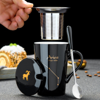 陶瓷杯子创意喝水杯家用烘焙精灵马克杯带盖勺男女个性潮流咖啡杯茶杯定制 白羊座-黑